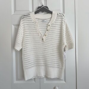 SONOMA WOMENS TOP SIZE SMALL WHITE CROCHED SHORT SLEEVE PULLOVER KNIT V-NECK